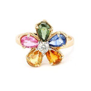 18K Gold Multi Sapphire Flower Ring | Rainbow Promise Ring